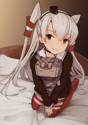 Rule 34 | 10s, 1girl, amatsukaze (kancolle), brown dress, brown eyes, choker, closed eyes, commentary request, dress, hair tubes, hug, kantai collection, long hair, long sleeves, looking at viewer, magicxiang, red legwear, rensouhou-kun, sailor collar, sailor dress, short dress, silver hair, sitting, smile, striped clothes, striped legwear, striped thighhighs, thighhighs, two side up