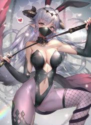 Rule 34 | 1girl, animal ear fluff, animal ears, breasts, cleavage, clothing cutout, demon girl, demon horns, detached collar, detached sleeves, earrings, fur, heart, highres, hitowa, holding, holding riding crop, horns, jewelry, long hair, looking at viewer, mask, nail polish, navel cutout, original, pointy ears, purple hair, rabbit ears, riding crop, single fishnet legwear, solo, spoken heart, tail