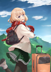Rule 34 | 1girl, :d, artist name, backpack, bag, beige jacket, black hair, black pantyhose, blonde hair, blush, boots, cloud, cross-laced footwear, day, eiri su, from side, green skirt, highres, jacket, lace-up boots, leg up, long sleeves, mountain, open mouth, original, outdoors, pantyhose, purple eyes, red scarf, scarf, signature, silhouette, skirt, sky, smile, solo, suitcase, thick eyebrows, white footwear