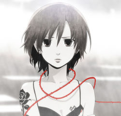 Rule 34 | 1girl, arm tattoo, artist request, breast tattoo, breasts, brown hair, cleavage, doutoku no jukai (vocaloid), entangled, flower, flower tattoo, fog, looking at viewer, meiko (vocaloid), monochrome, rose, short hair, solo, spot color, tattoo, upper body, vocaloid