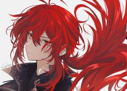 Rule 34 | 1boy, black coat, cacao (chocotto), closed mouth, coat, diluc (genshin impact), genshin impact, grey background, hair between eyes, highres, long hair, looking at viewer, male focus, ponytail, red eyes, red hair, sidelocks, signature, simple background, solo, upper body, very long hair