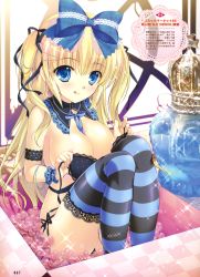 Rule 34 | 1girl, :q, absurdres, areola slip, arm strap, beads, black bra, black panties, black thighhighs, blonde hair, blue eyes, blue thighhighs, bottle, bow, box, bra, breasts, cleavage, detached collar, hair bow, hair ornament, hairpin, highres, in box, in container, knees up, lace, lace-trimmed legwear, lace trim, lingerie, long hair, mikeou, original, panties, polka dot, polka dot bra, polka dot panties, ribbon, side-tie panties, sitting, solo, striped clothes, striped thighhighs, thighhighs, tongue, tongue out, twintails, underwear, underwear only, undressing, unworn bra, very long hair
