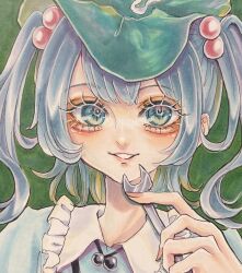 Rule 34 | 1girl, blue eyes, blue hair, blunt bangs, chesscure, commentary request, eyelashes, frilled shirt collar, frills, green background, hair between eyes, hair bobbles, hair ornament, hand up, hat, highres, holding, holding wrench, kawashiro nitori, long hair, looking at viewer, medium hair, parted lips, portrait, simple background, smile, solo, teeth, touhou, traditional media, twintails, wrench