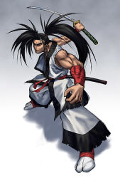 Rule 34 | 1boy, black hair, fighting stance, haoumaru, japanese clothes, long hair, male focus, micchii (mitchiee), mitchiee, muscular, ponytail, samurai spirits, solo, sword, weapon
