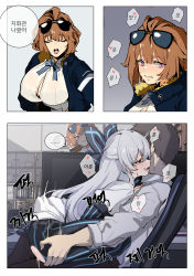 Rule 34 | 1boy, 2girls, absurdres, banssee, blush, bodysuit, bow, breasts, brown hair, clothed sex, comic, dress, eyewear on head, girl on top, girls&#039; frontline, grizzly mkv (girls&#039; frontline), hair bow, hetero, highres, implied sex, indoors, jacket, large breasts, long hair, motion blur, multiple girls, open mouth, purple eyes, red eyes, sex, short hair, silver hair, sitting, straddling, striped, striped bodysuit, sunglasses, sweat, tokarev (girls&#039; frontline), upright straddle, very long hair