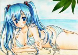 Rule 34 | 1girl, arm support, ass, beach, bikini, blue eyes, blue hair, blush, breasts, crossed arms, day, hair ornament, happy, hatsune miku, horizon, long hair, looking at viewer, lying, marker (medium), matching hair/eyes, my (mylilla811), ocean, on ground, on stomach, outdoors, pastel (medium), plant, sand, side-tie bikini bottom, sky, smile, solo, striped bikini, striped clothes, swimsuit, traditional media, twintails, vocaloid, water, watercolor pencil (medium)