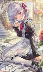 Rule 34 | 1girl, apron, black dress, black footwear, blush, breasts, broken cup, broken plate, crying, dress, earrings, fate/grand order, fate (series), floral print, flower, fork, hair ornament, hair ribbon, highres, jewelry, juliet sleeves, kama (fate), kama (first ascension) (fate), long sleeves, looking at viewer, maid, maid headdress, open mouth, plate, puffy sleeves, red eyes, ribbon, short hair, silver hair, small breasts, solo, spoon, stairs, torino aqua, white apron, white legwear