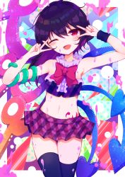 Rule 34 | 1girl, alternate costume, arm up, armpit peek, asymmetrical wings, black hair, black thighhighs, black tube top, blue wings, blush, border, bow, bowtie, buttons, center frills, commentary, cowboy shot, double v, frills, hair between eyes, highres, houjuu nue, looking at viewer, medium hair, midriff, miniskirt, navel, one eye closed, open mouth, pleated skirt, pointy ears, polka dot, polka dot background, purple skirt, red bow, red bowtie, red eyes, red wings, skirt, snake, solo, standing, strapless, teeth, thighhighs, tomoe (fdhs5855), touhou, tube top, upper teeth only, v, white border, wings, wristband
