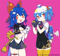 Rule 34 | 2girls, :d, ahoge, backpack, bag, bag charm, bili girl 22, bili girl 33, bilibili, black shirt, black skirt, blue hair, blush, bow, bowtie, breasts, camcorder, charm (object), cleavage, gloves, hair between eyes, hair bobbles, hair bow, hair ornament, head tilt, holding, looking at viewer, multiple girls, one side up, open mouth, parted lips, pink background, pleated skirt, prophet chu, puffy short sleeves, puffy sleeves, red bow, red eyes, red neckwear, shirt, short sleeves, simple background, skirt, small breasts, smile, thighhighs, video camera, white gloves, white shirt, white wings, wings, yellow legwear