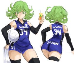 Rule 34 | 1girl, ass, ball, bare shoulders, black sleeves, black thighhighs, blue shirt, blue shorts, breasts, character name, clothes writing, commentary, contrapposto, cowboy shot, detached sleeves, drinking straw, green eyes, green hair, hand up, highres, holding, multiple views, one-punch man, rakeemspoon, shirt, short hair, shorts, sketch, small breasts, sportswear, standing, tatsumaki, thighhighs, volleyball, volleyball (object), volleyball uniform