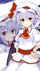 Rule 34 | 1girl, akisome hatsuka, ascot, bat wings, closed mouth, collared shirt, commentary request, hands on own hips, hat, looking at viewer, mob cap, multiple views, purple hair, red ascot, red eyes, remilia scarlet, shirt, short hair, short sleeves, simple background, smile, touhou, white background, white headwear, wings, wrist cuffs