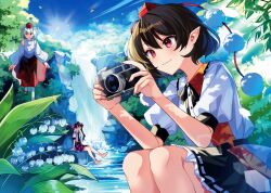 3girls barefoot black_hair black_skirt camera checkered_clothes checkered_skirt collared_shirt day flower geta hat himekaidou_hatate holding holding_camera inubashiri_momiji katayama_kei lens_flare lily_of_the_valley multiple_girls nature neck_ribbon necktie non-circular_lens_flare outdoors pointy_ears pom_pom_(clothes) puffy_short_sleeves puffy_sleeves purple_hat red_eyes red_hat red_skirt ribbon shameimaru_aya shirt short_sleeves skirt sparkle sun tokin_hat touhou tree twintails water waterfall white_hair