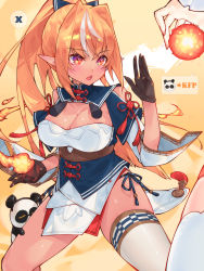 Rule 34 | 1girl, blue bow, bow, breasts, brown gloves, cleavage, commentary request, dark-skinned female, dark skin, fighting stance, fire, gloves, hair bow, highres, hololive, large breasts, long hair, looking at viewer, multicolored hair, orange hair, pointy ears, shiranui flare, shiranui flare (old design), single thighhigh, solo focus, standing, streaked hair, thighhighs, virtual youtuber, waterring, white background, white hair