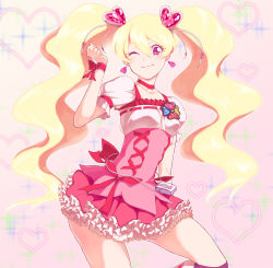 Rule 34 | 00s, 1girl, bad id, bad pixiv id, blonde hair, boots, bow, breasts, choker, cure peach, dress, earrings, fresh precure!, hair ornament, hairpin, heart, heart hair ornament, jewelry, long hair, magical girl, momozono love, one eye closed, pink bow, pink eyes, precure, ribbon, small breasts, smile, solo, twintails, usaginamihasiru, wrist cuffs