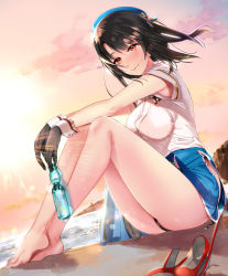 Rule 34 | 10s, 1girl, armpits, artist name, barefoot, beach, beret, black gloves, black hair, black panties, blouse, blue hat, blue skirt, blush, bottle, breasts, cliff, commentary request, crossed legs, feet, full body, gloves, group name, hair blowing, hat, hayakawa akari, highres, holding, holding bottle, kantai collection, knees up, large breasts, lips, looking at viewer, ocean, outdoors, panties, pantyshot, red eyes, red footwear, shirt, shoes, short sleeves, sitting, skirt, smile, solo, sun, sunset, takao (kancolle), underwear, unworn shoes, white shirt, wind