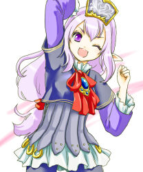 Rule 34 | 1girl, ;d, arm up, blue gemstone, brooch, clenched hand, cowboy shot, double horizontal stripe, dress, elf, elvaan, eyelashes, final fantasy, final fantasy xi, gem, hand up, highres, jewelry, layered sleeves, legs apart, light purple hair, long hair, long sleeves, looking at viewer, low-tied long hair, neck ribbon, o-ring, one eye closed, open mouth, pointy ears, prishe, purple eyes, purple hair, red ribbon, ribbon, sakutsuki, short dress, smile, solo, standing, white dress