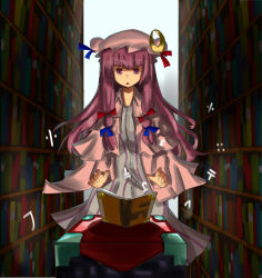 Rule 34 | 1girl, bad id, bad pixiv id, book, bow, crescent, crescent hair ornament, dress, hair bow, hair ornament, hat, highres, hinami047, library, long hair, magic, minecraft, mob cap, patchouli knowledge, purple eyes, purple hair, solo, touhou