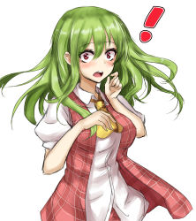 Rule 34 | !, 1girl, absurdres, alternate hair length, alternate hairstyle, amagi (amagi626), ascot, cowboy shot, green hair, highres, kazami yuuka, looking at viewer, open mouth, plaid, plaid vest, puffy short sleeves, puffy sleeves, red eyes, short sleeves, simple background, sketch, solo, surprised, touhou, vest, white background, wide-eyed, yellow ascot