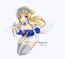 Rule 34 | 1girl, blonde hair, blue eyes, blue shirt, breasts, cargo net, cleavage, commentary request, dated, double bun, fletcher (kancolle), fletcher mk ii (kancolle), full body, gloves, hair bun, hairband, kangoku kou, kantai collection, kneeling, large breasts, long hair, neckerchief, net, off shoulder, one-hour drawing challenge, pleated skirt, sailor collar, school uniform, serafuku, shin guards, shirt, simple background, skirt, solo, thighhighs, twitter username, white background, white gloves, white sailor collar, white skirt, white thighhighs, yellow neckerchief