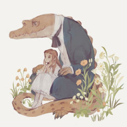 Rule 34 | 1girl, animal, ascot, barefoot, black ascot, blazer, blue eyes, brown eyes, brown hair, child, claws, clothed animal, crocodile, crocodilian, dandelion, dress, flower, grass, hands on own face, highres, jacket, knees to chest, leaf, long hair, long sleeves, original, sharp teeth, shirt, sitting, tail, teeth, tono (rt0no), white background, white dress, white shirt