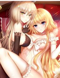 Rule 34 | 2girls, ahoge, babydoll, bad id, bad twitter id, bed, black babydoll, black gloves, blonde hair, blush, breasts, choker, cleavage, closed mouth, elbow gloves, fate/apocrypha, fate/grand order, fate (series), flower, gloves, highres, jeanne d&#039;arc (fate), jeanne d&#039;arc (ruler) (fate), jeanne d&#039;arc alter (avenger) (fate), jeanne d&#039;arc alter (fate), lace, lace choker, large breasts, lily (flower), long hair, looking at viewer, mallizmora, multiple girls, open mouth, own hands clasped, own hands together, pillow, sidelocks, silver hair, tareme, tsurime, underwear, underwear only, white babydoll, white gloves, yellow eyes