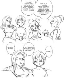 Rule 34 | 4girls, absurdres, android 18, breasts, bulma, chi-chi (dragon ball), closed eyes, comic, commentary, couch, dragon ball, dragonball z, earrings, english commentary, english text, frown, funsexydb, greyscale, hair bun, half-closed eyes, hat, head rest, highres, jewelry, large breasts, monochrome, multiple girls, open mouth, short hair, single hair bun, sitting, smile, videl