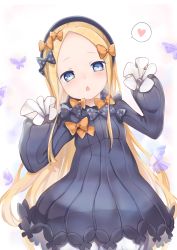 Rule 34 | 1girl, abigail williams (fate), absurdres, black bow, black dress, black hat, blonde hair, bloomers, blue eyes, blush, bow, bug, butterfly, chestnut mouth, commentary request, dress, fate/grand order, fate (series), forehead, hair bow, hands up, hat, heart, highres, huge filesize, hugging object, insect, kiri sakura, leaning to the side, long hair, long sleeves, looking at viewer, multiple hair bows, orange bow, parted bangs, parted lips, polka dot, polka dot bow, sleeves past fingers, sleeves past wrists, solo, spoken heart, underwear, very long hair, white bloomers