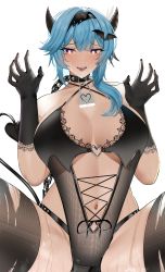Rule 34 | 1girl, :d, absurdres, bad id, bad pixiv id, bat hair ornament, black gloves, black hairband, black ribbon, blue hair, breasts, brown leotard, chain, claw pose, collar, eula (genshin impact), genshin impact, gloves, hair ornament, hairband, halloween, halloween costume, hands up, heart, heart-shaped pupils, highres, horns, huge breasts, leotard, lock, long hair, looking at viewer, nails visible through gloves, navel, nvl, open mouth, padlock, padlocked collar, ribbon, simple background, smile, solo, spiked collar, spikes, sweat, symbol-shaped pupils, thighhighs, torn clothes, torn thighhighs, white background