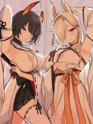 Rule 34 | 2girls, animal ears, areola slip, arm up, armpits, asymmetrical horns, black hair, blue archive, blush, breast lift, breasts, detached sleeves, earrings, emirio (emirio110), folded fan, folding fan, hair ornament, hair over one eye, hairband, hakama, hakama skirt, half-closed eyes, hand fan, highres, holding, holding fan, horns, japanese clothes, jewelry, kaho (blue archive), large breasts, long hair, looking at viewer, makeup, mole, mole under mouth, multiple girls, niya (blue archive), one eye closed, orange eyes, pink hairband, presenting armpit, short hair, sideboob, skirt, smile, steam, sweat, thighhighs, unfinished, white legwear
