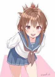 Rule 34 | 1girl, anchor symbol, arms behind back, blue sailor collar, blue skirt, brown eyes, brown hair, folded ponytail, inazuma (kancolle), kantai collection, leaning forward, long hair, neckerchief, one-hour drawing challenge, open mouth, pleated skirt, red neckerchief, round teeth, sailor collar, sakurai nana (moshichi), shirt, skirt, smile, solo, teeth, twintails, upper teeth only, white shirt