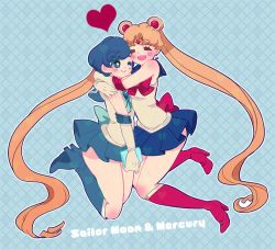 Rule 34 | 1990s (style), 2girls, argyle, argyle background, argyle clothes, bishoujo senshi sailor moon, blonde hair, blue background, blue dress, blue eyes, blue footwear, blue hair, blue sailor collar, blue skirt, blush, boots, bow, character name, closed eyes, double bun, dress, earrings, elbow gloves, full body, gloves, hair bun, hair ornament, hairpin, heart, hug, jewelry, knee boots, long hair, magical girl, mizuno ami, multiple girls, pleated skirt, red bow, retro artstyle, rinako (rococo), sailor collar, sailor mercury, sailor moon, short hair, skirt, smile, tsukino usagi, twintails, white gloves