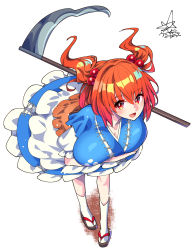 Rule 34 | 1girl, :d, arm under breasts, blue dress, breasts, cleavage, collarbone, dress, frilled dress, frills, full body, geta, hair bobbles, hair ornament, highres, holding, holding scythe, holding weapon, huge breasts, japanese clothes, layered dress, leaning forward, looking at viewer, matching hair/eyes, obi, onozuka komachi, open mouth, over shoulder, puffy short sleeves, puffy sleeves, red eyes, red hair, sash, scythe, short sleeves, signature, simple background, smile, socks, solo, standing, touhou, two-tone dress, two side up, umigarasu (kitsune1963), weapon, weapon over shoulder, white background, white dress, white socks