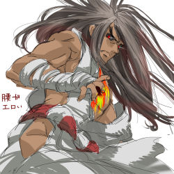 Rule 34 | 1boy, alternate color, alternate costume, alternate hair color, angry, bandages, belt, black sclera, capcom, colored sclera, dark persona, dark skin, evil, evil ryu, eyebrows, fang, floating hair, frown, hole in chest, hole on body, long hair, looking at viewer, male focus, muscular, red eyes, ryu (street fighter), simple background, solo, street fighter, street fighter iv (series), thick eyebrows, torimeiro, translation request, white background