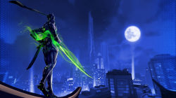 Rule 34 | 1boy, armor, bad id, bad pixiv id, bodysuit, building, city, cloud, cloudy sky, cyborg, from behind, full body, full moon, genji (overwatch), glowing, glowing sword, glowing weapon, hage2013, headband, helmet, highres, holding, holding sword, holding weapon, hologram, holographic interface, katana, male focus, mask, moon, night, night sky, overwatch, overwatch 1, power armor, revision, sae (revirth), sheath, sky, skyscraper, solo, standing, star (sky), starry sky, sword, unsheathed, weapon