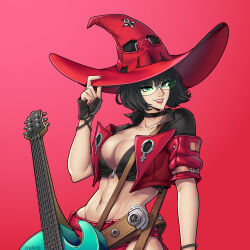 Rule 34 | 1girl, absurdres, arc system works, black hair, breasts, choker, cleavage, collarbone, fingerless gloves, gloves, green eyes, guilty gear, guilty gear strive, guitar, hat, highres, i-no, instrument, large breasts, midriff, mole, mole above mouth, nail polish, navel, solo, sunglasses, witch hat