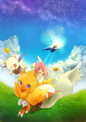 Rule 34 | 1girl, = =, antennae, bad id, bad pixiv id, blue eyes, boots, character request, chocobo, chocobo racing, cloud, day, fat chocobo, final fantasy, final fantasy fables, grass, green eyes, jewelry, lens flare, menokurage, moogle, necklace, pink hair, shirma, short hair, sky, white mage (final fantasy), wings