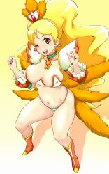 Rule 34 | 10s, 1girl, adapted costume, alternate costume, alternate form, blonde hair, blush, boots, breasts, brooch, choker, covered erect nipples, cure honey, cure honey (coconut samba), earrings, feathers, happinesscharge precure!, heart, heart brooch, highres, jewelry, large breasts, long hair, magical girl, navel, one eye closed, oomori yuuko, open mouth, plump, precure, revealing clothes, samba, smile, solo, thong, tof, very long hair, wavy hair, wink, yellow background, yellow eyes
