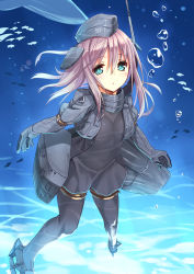 Rule 34 | 10s, 1girl, blonde hair, blue eyes, bubble, cropped jacket, garrison cap, hat, kantai collection, long hair, military, military uniform, pantyhose, puffy sleeves, solo, taletale, u-511 (kancolle), underwater, uniform