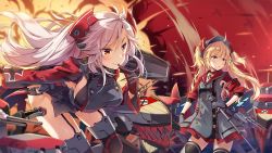Rule 34 | 2girls, action, admiral hipper (azur lane), ahoge, antenna hair, armband, azur lane, blonde hair, blush, breasts, brown eyes, buttons, cannon, choker, closed mouth, clothing cutout, collarbone, commentary request, cross, day, double-breasted, explosion, finger to mouth, floating hair, garter straps, gloves, green eyes, hair between eyes, hat, headgear, holding, holding scepter, holding weapon, iron cross, jacket, large breasts, leaning forward, long hair, looking away, machinery, mole, mole on breast, multicolored hair, multiple girls, norwegian flag, nyanya, official art, open mouth, outdoors, prinz eugen (azur lane), red hair, ribbon, rigging, scepter, side cutout, sidelocks, silver hair, smile, streaked hair, thighhighs, turret, two side up, very long hair, water, weapon, wind, wind lift