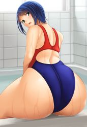 Rule 34 | 1girl, aqua eyes, ass, blue hair, competition swimsuit, highres, huge ass, kanon (ayaka666), looking at viewer, looking back, one-piece swimsuit, original, parted lips, short hair, solo, swimsuit, thick thighs, thighs, wet