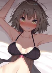 Rule 34 | 1girl, ahoge, armpits, arms up, babydoll, bare arms, bare shoulders, black babydoll, blush, breasts, breasts apart, clenched teeth, collarbone, embarrassed, fate/grand order, fate (series), frown, highres, jeanne d&#039;arc (fate), jeanne d&#039;arc alter (avenger) (fate), jeanne d&#039;arc alter (fate), looking at viewer, medium breasts, mizuki ryuu, navel, nose blush, open mouth, short hair, silver hair, solo, stomach, sweat, teeth, upper body, yellow eyes