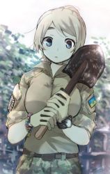 Rule 34 | 1girl, belt, blonde hair, blue eyes, bracelet, breasts, brown shirt, camouflage, camouflage pants, collared shirt, expressionless, head tilt, holding, hug, jewelry, kikurina, large breasts, looking at viewer, military, military uniform, outdoors, pants, patch, plant, shirt, short sleeves, shoulder patch, shovel, solo, tree, ukraine, ukrainian flag, uniform, watch, wing collar, worktool, wristwatch