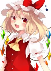 Rule 34 | 1girl, ascot, blonde hair, blush, bow, breasts, buttons, collared shirt, commentary, crystal, dress, eyes visible through hair, fang, flandre scarlet, frilled shirt collar, frills, hair between eyes, hat, hat bow, heart, hyaku paasento, jewelry, looking to the side, medium breasts, mob cap, multicolored wings, one side up, open mouth, puffy short sleeves, puffy sleeves, red bow, red dress, red eyes, shirt, short hair, short sleeves, simple background, smile, solo, symbol-only commentary, tongue, touhou, upper body, white background, white hat, white shirt, wings, yellow ascot