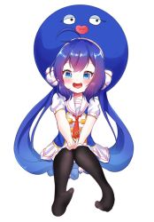 Rule 34 | 1girl, asteroid stella, band uniform, black pantyhose, blouse, blue eyes, blue hair, blue headwear, blush, braid, collar, collared shirt, commentary, eel hat, fang, full body, highres, knees together feet apart, long hair, looking at viewer, low-braided long hair, low-tied long hair, necktie, no shoes, open mouth, otomachi una, otomachi una (sugar), pantyhose, red necktie, sailor collar, shirt, short sleeves, sitting, skin fang, smile, solo, treble clef, twintails, very long hair, vocaloid, white background, white collar, white shirt