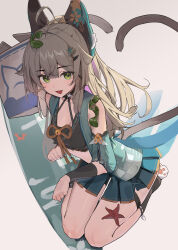 Rule 34 | 1girl, ahoge, animal ears, bare shoulders, black choker, black tank top, bow, brown bow, brown tank top, cat ears, cat feet, cat girl, cat tail, choker, coat, collared vest, commentary, crop top, detached sleeves, double-parted bangs, food delivery box, genshin impact, green eyes, hair ornament, hairclip, highres, kirara (genshin impact), kneeling, light brown hair, long hair, looking at viewer, loose socks, lovelyme, midriff, multiple tails, nekomata, open mouth, paw pose, seaweed, simple background, sleeveless, sleeveless coat, smile, socks, solo, starfish, symbol-only commentary, tail, tank top, thigh strap, two tails, vest, white background