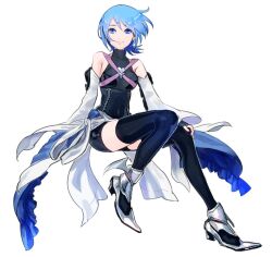 Rule 34 | 1girl, aqua (kingdom hearts), armored boots, black gloves, black leotard, black thighhighs, blue eyes, blue hair, boots, closed mouth, collarbone, detached sleeves, eyelashes, fingerless gloves, gloves, hand on own knee, invisible chair, kingdom hearts, leotard, looking at viewer, serori (koredemoka), short hair, sitting, smile, solo, thighhighs, white background