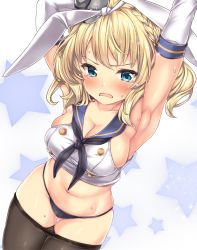 Rule 34 | 1girl, armpits, arms up, bad id, bad nicoseiga id, black neckerchief, black panties, black pantyhose, blonde hair, blue eyes, blush, braid, breasts, capelet, clothes pull, colorado (kancolle), commentary request, cosplay, cowboy shot, crop top, crying, crying with eyes open, elbow gloves, french braid, gloves, hair ribbon, hairband, highres, kantai collection, large breasts, looking at viewer, navel, neckerchief, necktie, nijimoto hirok, open mouth, panties, pantyhose, pantyhose pull, ribbon, sailor collar, school uniform, serafuku, shimakaze (kancolle), shimakaze (kancolle) (cosplay), short hair, sidelocks, skindentation, solo, star (symbol), sweat, tears, underwear, white gloves, white ribbon