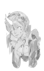 Rule 34 | 10s, 1girl, blood, blood on face, blunt bangs, breasts, cleavage, closed mouth, commentary, glowing, glowing eyes, glowing horns, greyscale, hair over one eye, headdress, horns, lips, looking at viewer, maid, medium breasts, monochrome, one eye covered, re:zero kara hajimeru isekai seikatsu, rem (re:zero), single horn, sketch, solo, timbougami, upper body