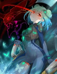 Rule 34 | 1girl, blue bodysuit, blush, bodysuit, breasts, bug, butterfly, cockpit, double bun, eva 01, frown, glowing, green hair, hair bun, hair ornament, highres, hololive, hololive fantasy, humanoid robot, insect, looking at viewer, mecha, neon genesis evangelion, pilot suit, plugsuit, red eyes, robot, science fiction, short hair, skin tight, skull hair ornament, solo, uruha rushia, virtual youtuber, yoshikawa hiro
