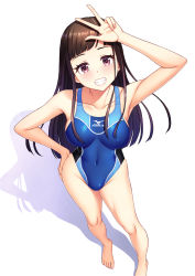 Rule 34 | 1girl, barefoot, blue one-piece swimsuit, blunt bangs, breasts, brown eyes, brown hair, collarbone, commentary, competition swimsuit, covered erect nipples, covered navel, feet, from above, full body, grin, hand on own hip, highleg, highleg swimsuit, highres, kuri (kurigohan), leaning forward, long hair, looking at viewer, medium breasts, mizuno (brand), one-piece swimsuit, original, revision, shadow, smile, solo, standing, swimsuit, w